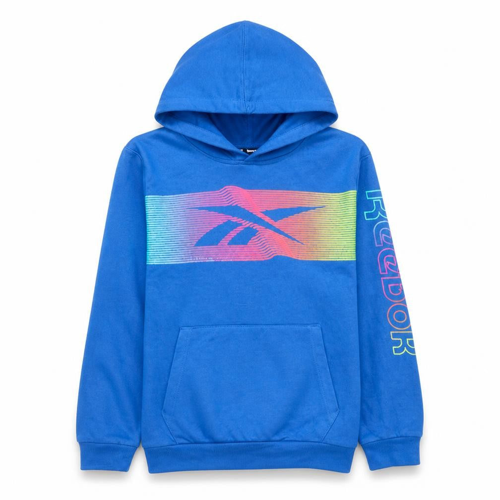 Front view of Reebok girls’ blue pullover hoodie 14 years sports graphic hooded sweatshirt