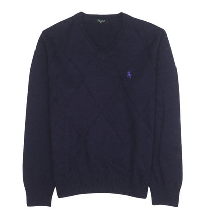 Metal Men's Blue Wool V-Neck Argyle Knit Jumper Size M
