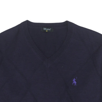 Metal Men's Blue Wool V-Neck Argyle Knit Jumper Size M