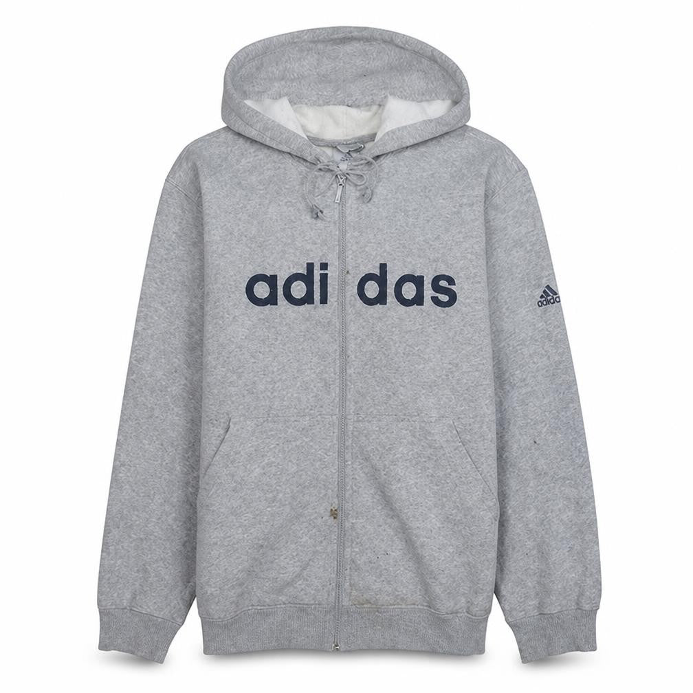 Front view of Adidas men’s grey full zip hoodie, size L, sports fleece top