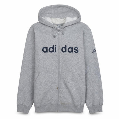 Front view of Adidas men’s grey full zip hoodie, size L, sports fleece top