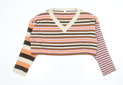 Urban Outfitters Women Brown Stripe V-Neck Cropped Jumper Size M