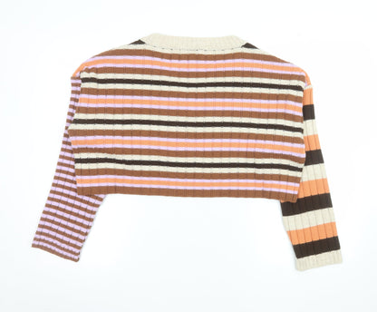 Urban Outfitters Women Brown Stripe V-Neck Cropped Jumper Size M