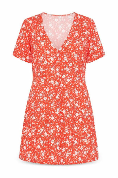 Boohoo Women's Orange Floral A-Line Short Sleeve V-Neck Short Dress Size 4