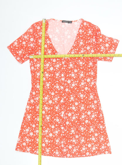 Boohoo Women's Orange Floral A-Line Short Sleeve V-Neck Short Dress Size 4