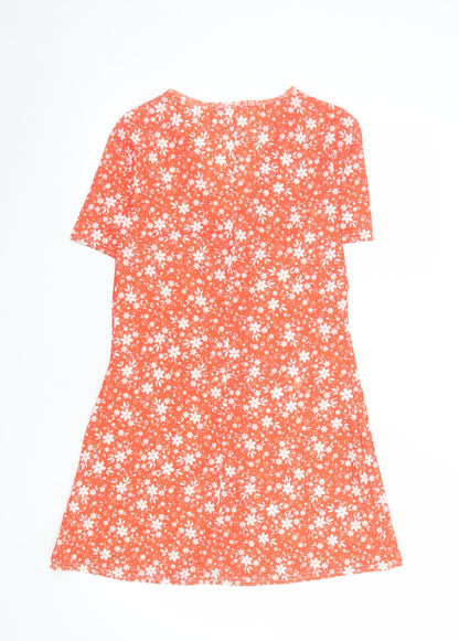 Boohoo Women's Orange Floral A-Line Short Sleeve V-Neck Short Dress Size 4