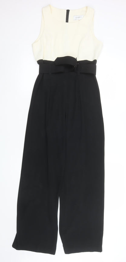 Karida Women Black Beige Jumpsuit Size 10 Belted Sleeveless Wide-Leg