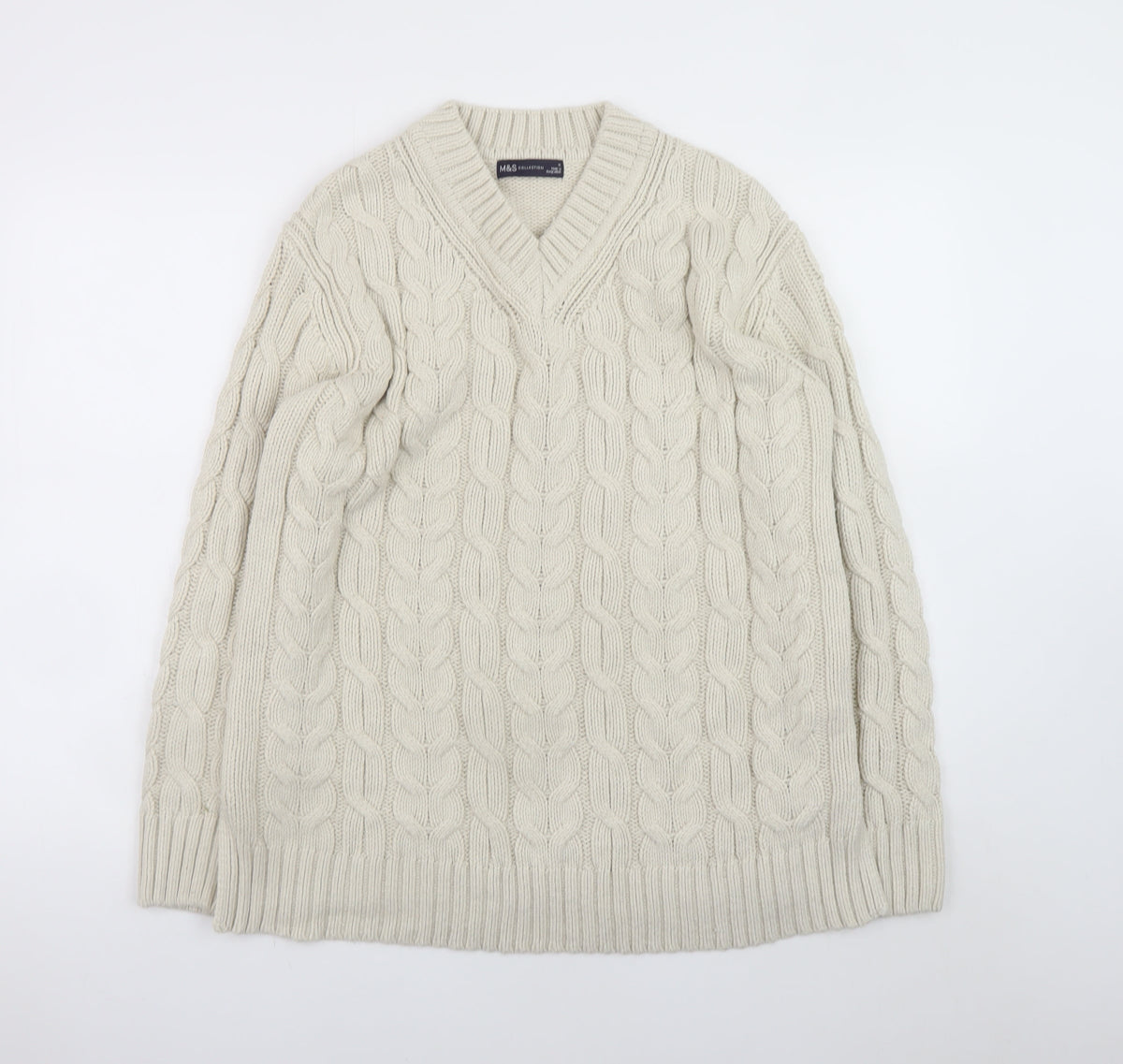 Marks and Spencer Men’s Beige Cable-Knit V-Neck Jumper Medium