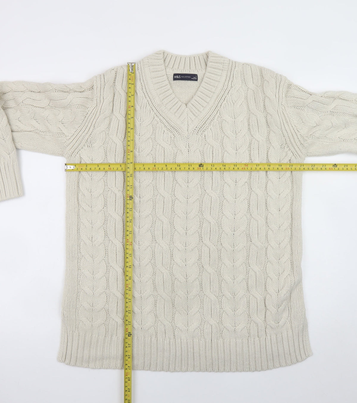 Marks and Spencer Men’s Beige Cable-Knit V-Neck Jumper Medium