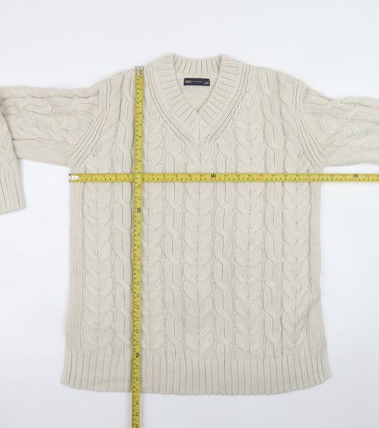 Marks and Spencer Men’s Beige Cable-Knit V-Neck Jumper Medium