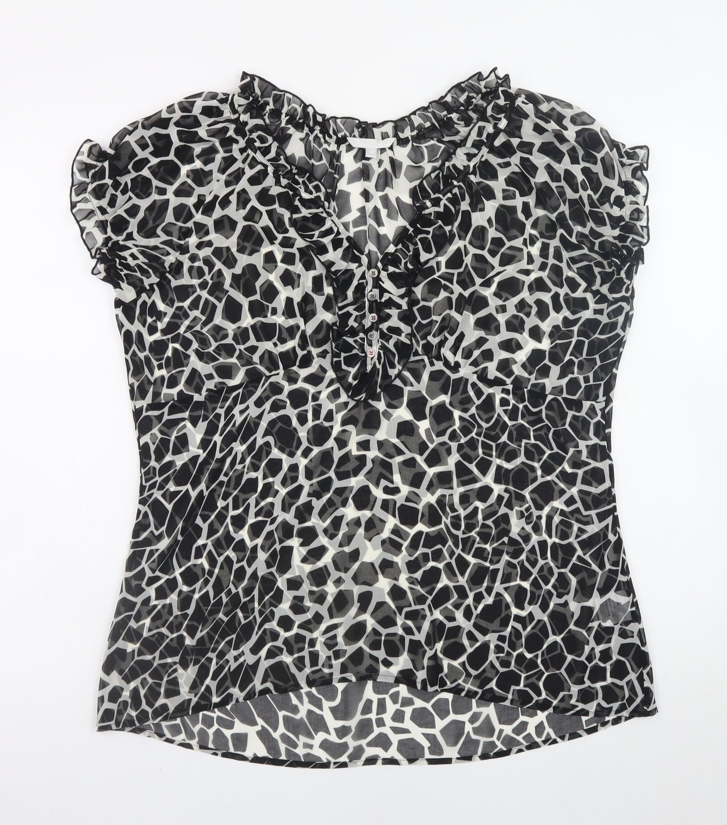 Lakeland Women’s Black Animal Print Ruffle V-Neck Chiffon Blouse Size 18