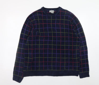 North Forty Four Men's Blue Check Crew Neck Pullover Jumper M