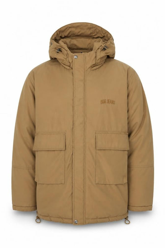 Front view of BDG Urban Outfitters Men's Brown Hooded Parka Jacket, size M