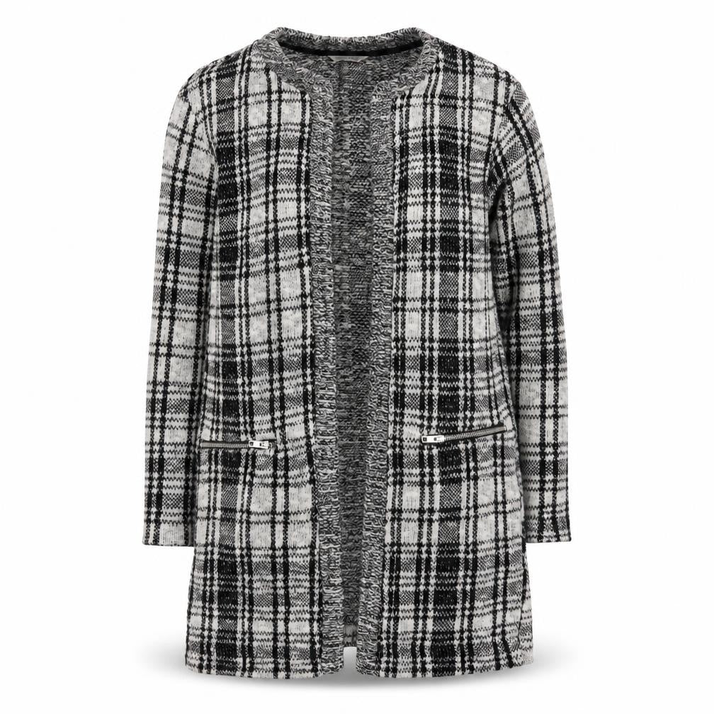 Front view of Miss Selfridge Women’s Black Check Knit Coatigan, size UK 10