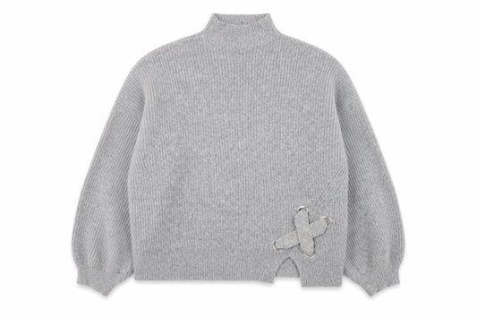Front view of Miss Selfridge women’s grey mock neck ribbed knit jumper, size UK 8