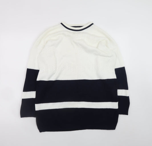 Dash Womens White Blue Cotton Striped Crew Neck Jumper M 12/14