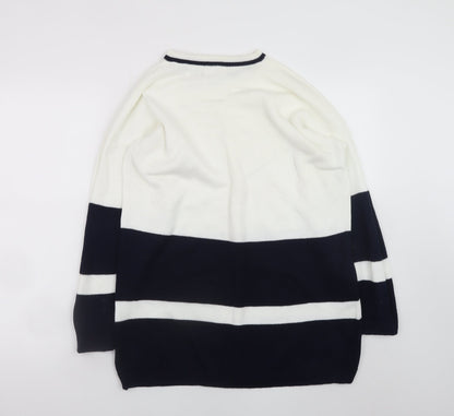 Dash Womens White Blue Cotton Striped Crew Neck Jumper M 12/14