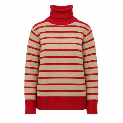 Mozaic Women Beige Red Striped Roll Neck Jumper Size L