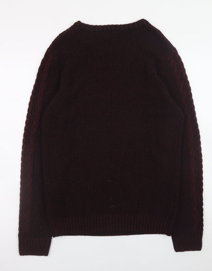 River Island Men's Burgundy Cable-Knit Crew Neck Jumper Size M