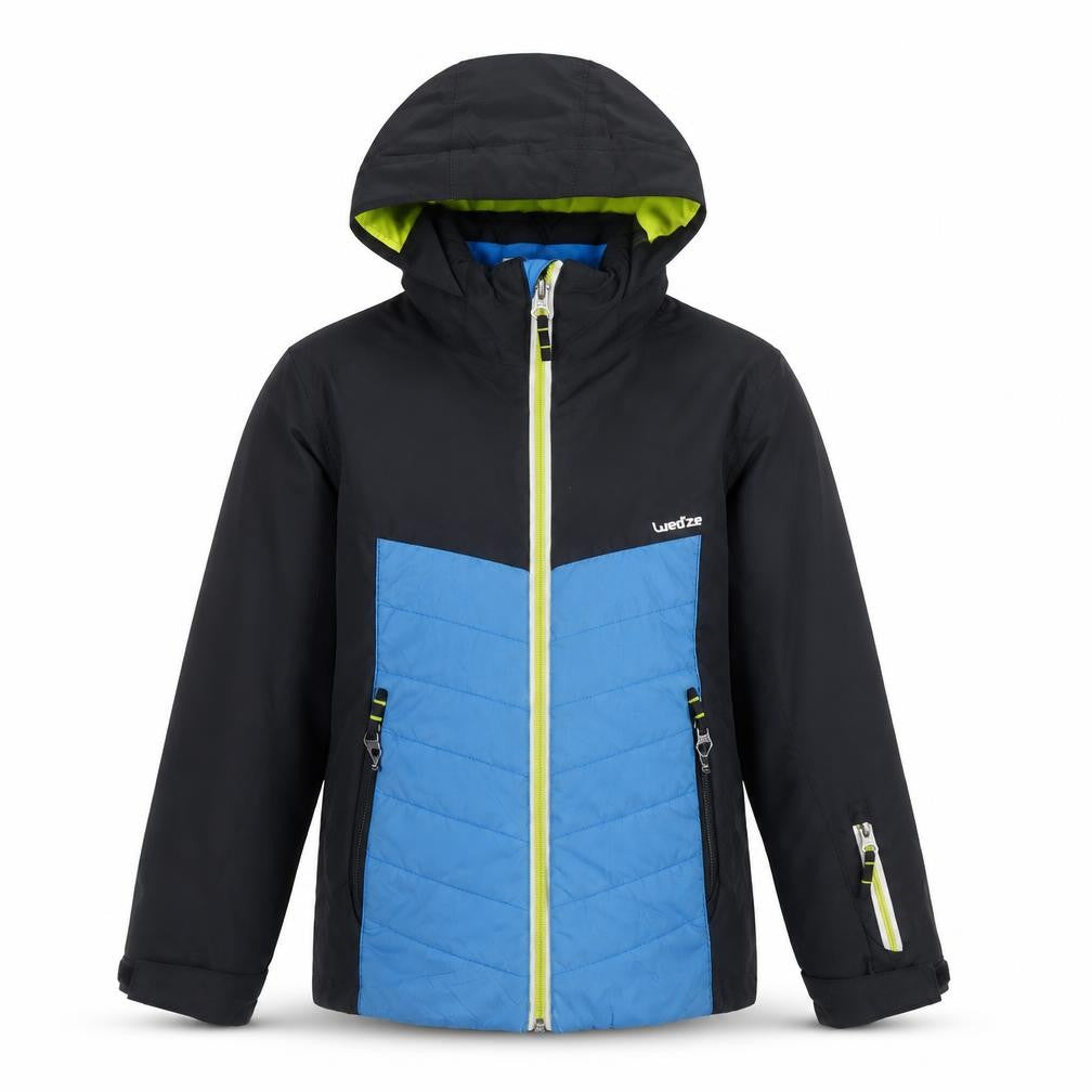 Front view of Wedze boys’ blue black ski jacket 8 years hooded insulated winter coat