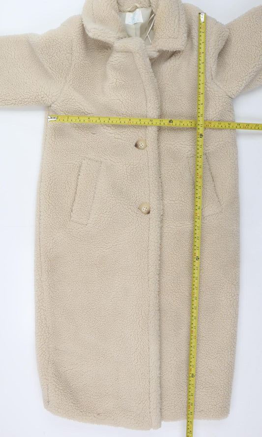 Primark Women Beige Fleece Long Overcoat XS Polyester