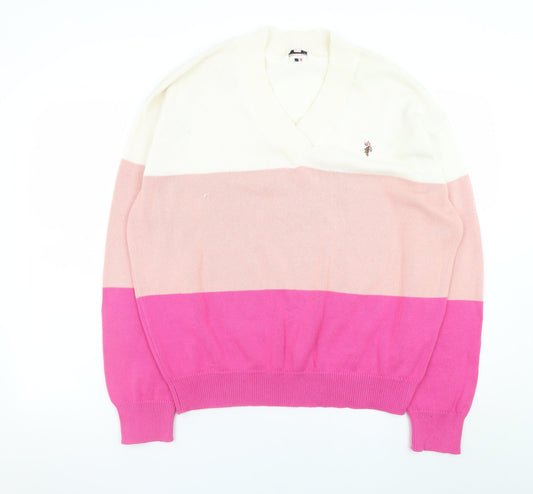 U.S. Polo Assn. Men’s Silver Pink 2XL V-Neck Striped Pullover Jumper