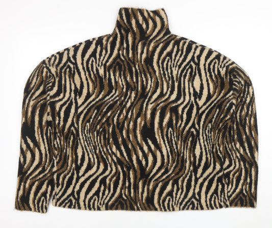 ZARA Women’s Beige Animal Print Roll Neck Knit Jumper Size M