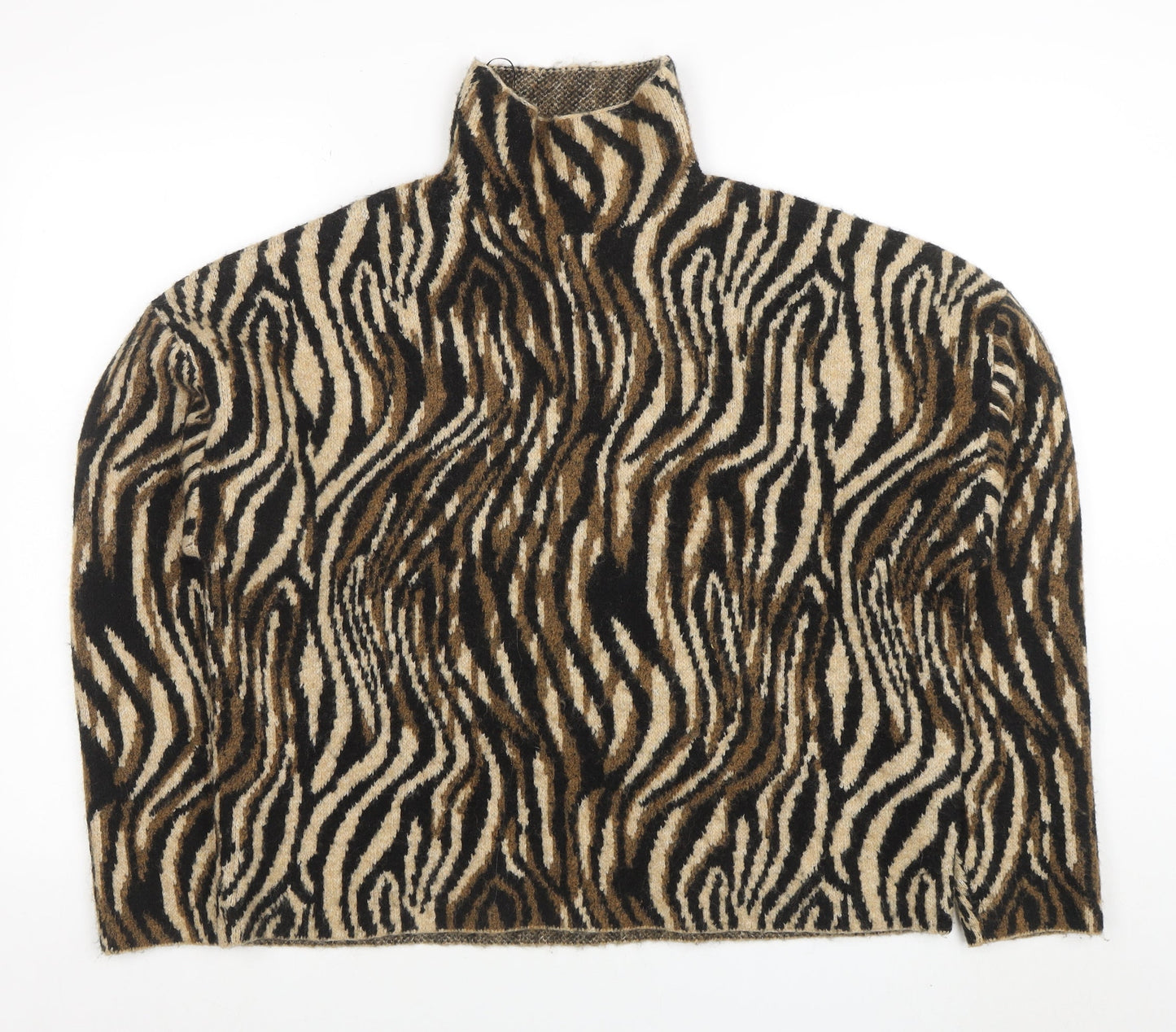ZARA Women’s Beige Animal Print Roll Neck Knit Jumper Size M