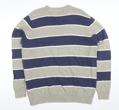 Maine New England Mens Blue Striped Cotton Crew Neck Jumper L