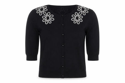 Bonmarché Women's Black Embroidered 3/4 Sleeve Cardigan M