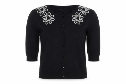 Bonmarché Women's Black Embroidered 3/4 Sleeve Cardigan M