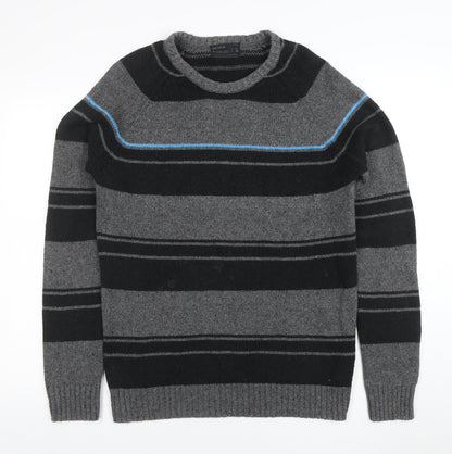 PULL & BEAR Mens Grey Striped Crew Neck Cotton Blend Jumper L