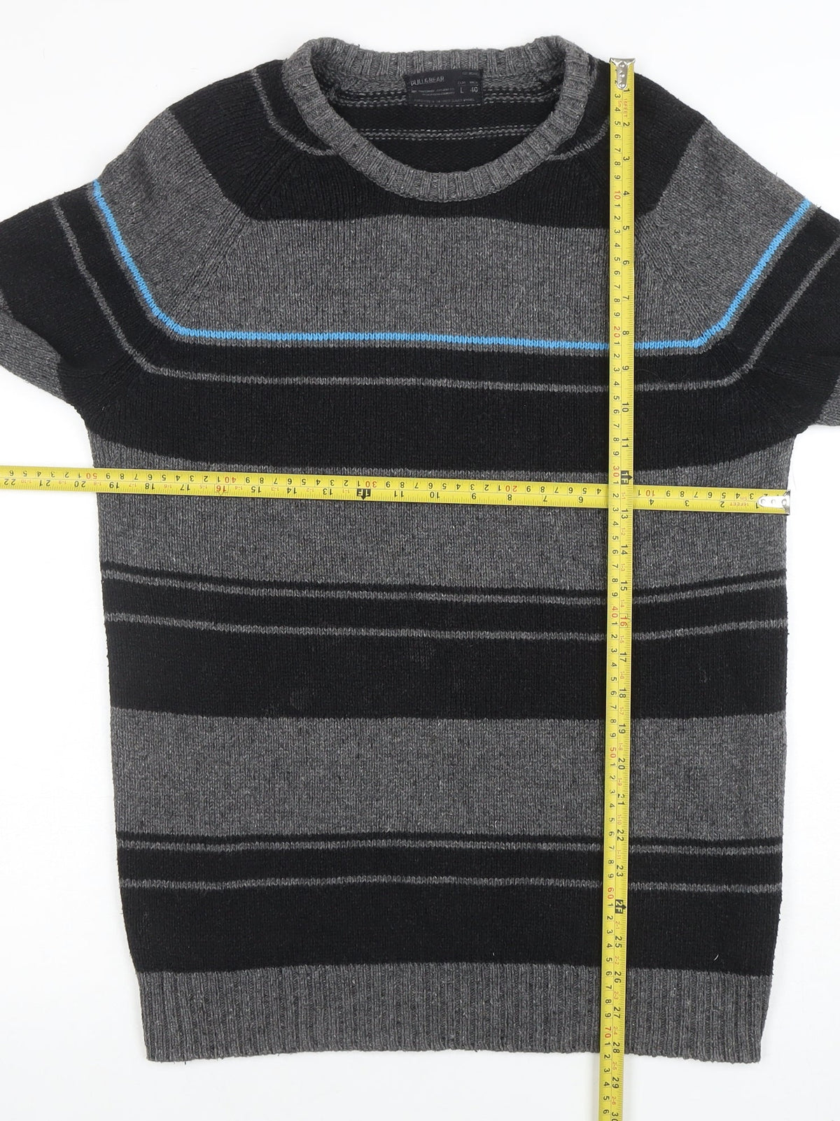PULL & BEAR Mens Grey Striped Crew Neck Cotton Blend Jumper L