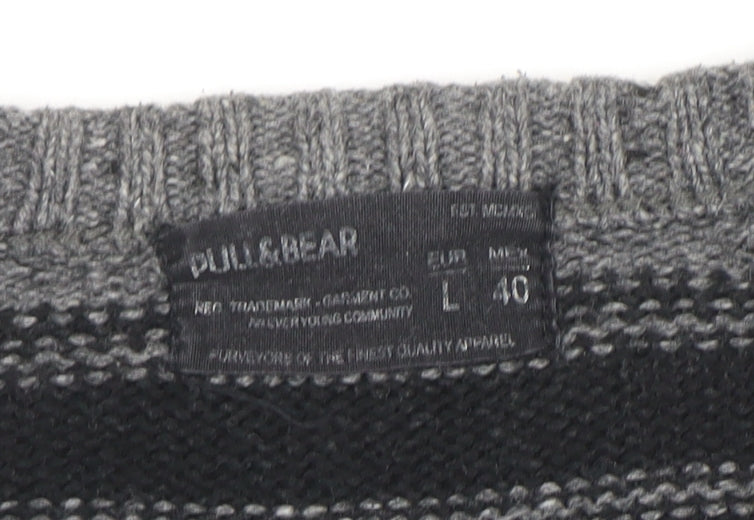 PULL & BEAR Mens Grey Striped Crew Neck Cotton Blend Jumper L