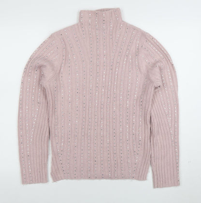 Lipsy London Women’s Pink Roll Neck Beaded Knit Jumper Size 10