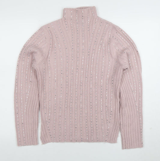 Lipsy London Women’s Pink Roll Neck Beaded Knit Jumper Size 10