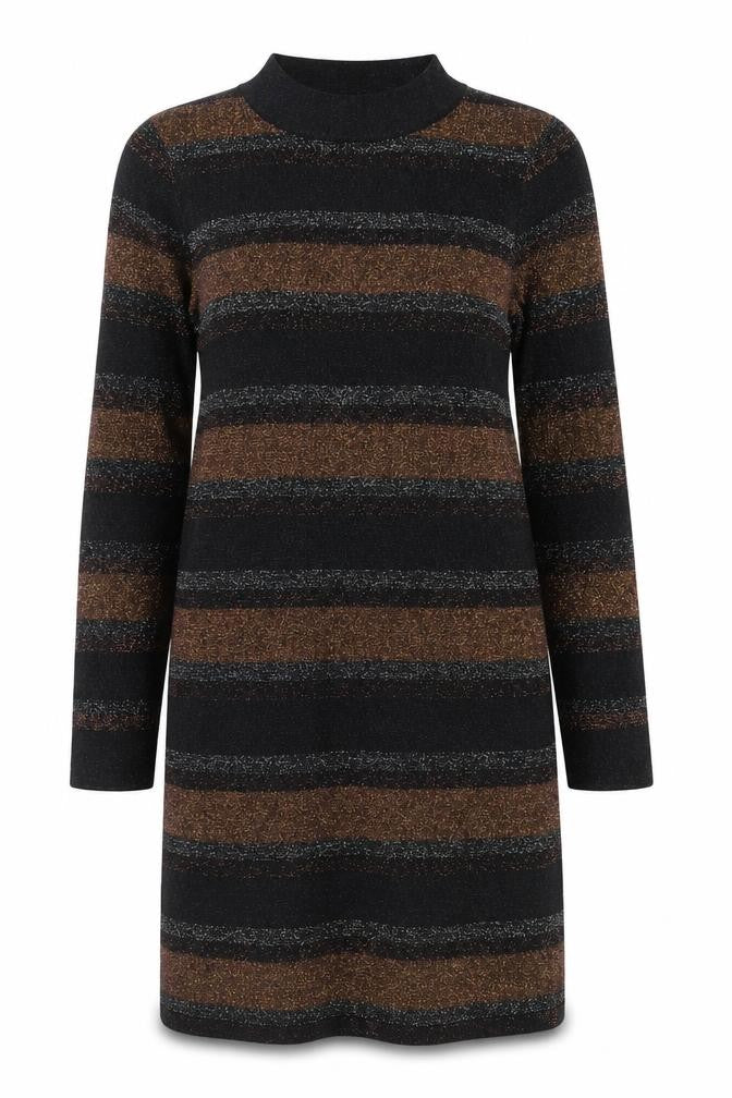 Front view of Papaya Women Black Striped Jumper Dress, size 10, Long Sleeve Knitwear