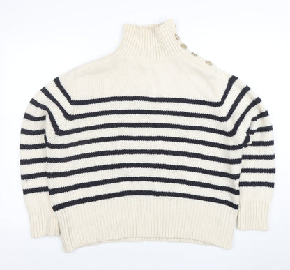 Zara Women Ivory Navy Striped High Neck Wool Knit Jumper Size 10