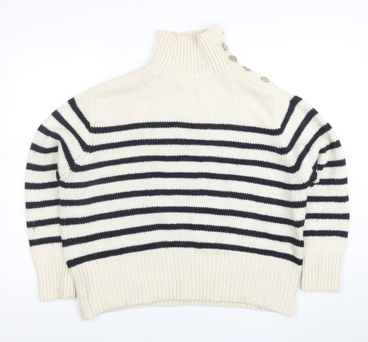 Zara Women Ivory Navy Striped High Neck Wool Knit Jumper Size 10