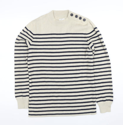 Cyrillus Women Beige Striped Crew Neck Button Shoulder Jumper Size S