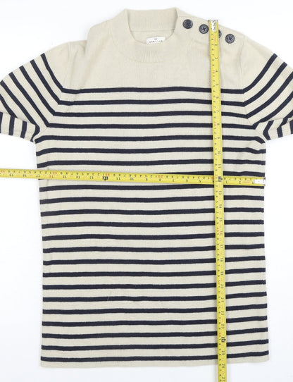 Cyrillus Women Beige Striped Crew Neck Button Shoulder Jumper Size S