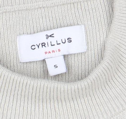 Cyrillus Women Beige Striped Crew Neck Button Shoulder Jumper Size S