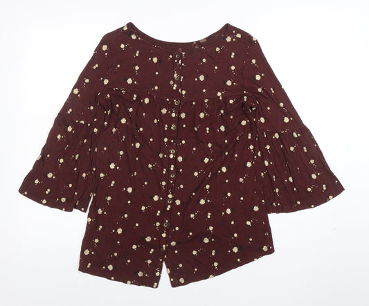 F&F Women’s Brown Floral Button Blouse UK 8 Tunic Style 3/4 Bell Sleeve
