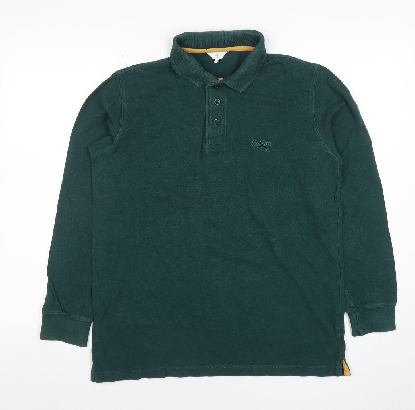 Cotton Traders Men's Emerald Green Long Sleeve Polo Shirt Size S 100% Cotton