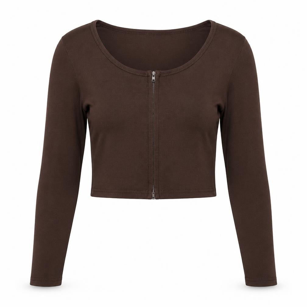 MISSPAP Women’s Brown Cropped Long Sleeve Zip Top Size L
