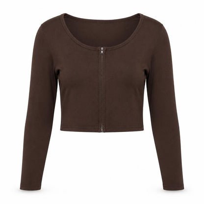 MISSPAP Women’s Brown Cropped Long Sleeve Zip Top Size L