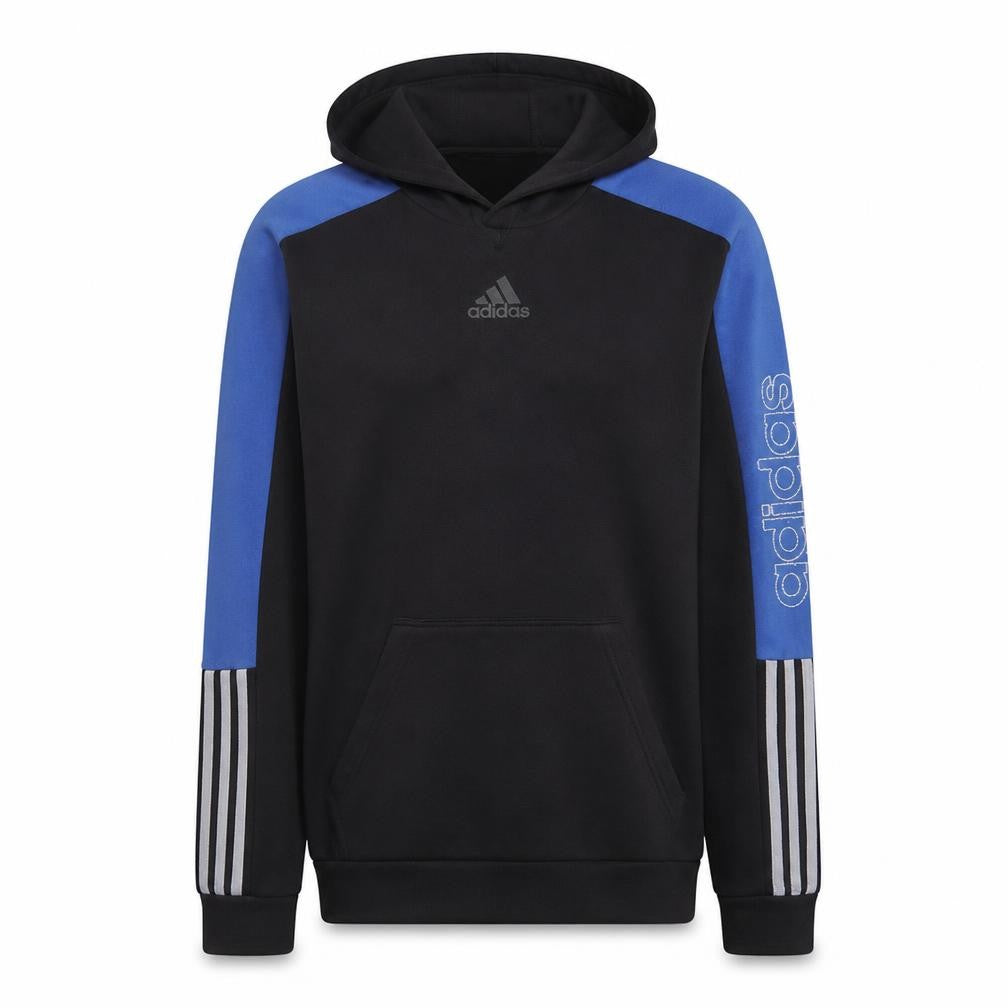 Front view of Adidas Men's Black Pullover Hoodie, size M, Sports Fleece Sweatshirt