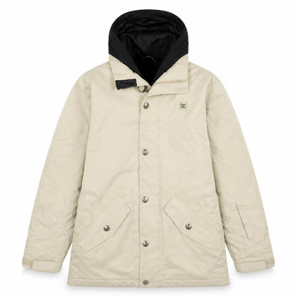 Front view of DC Shoes boys’ beige hooded waterproof winter parka jacket, size 12