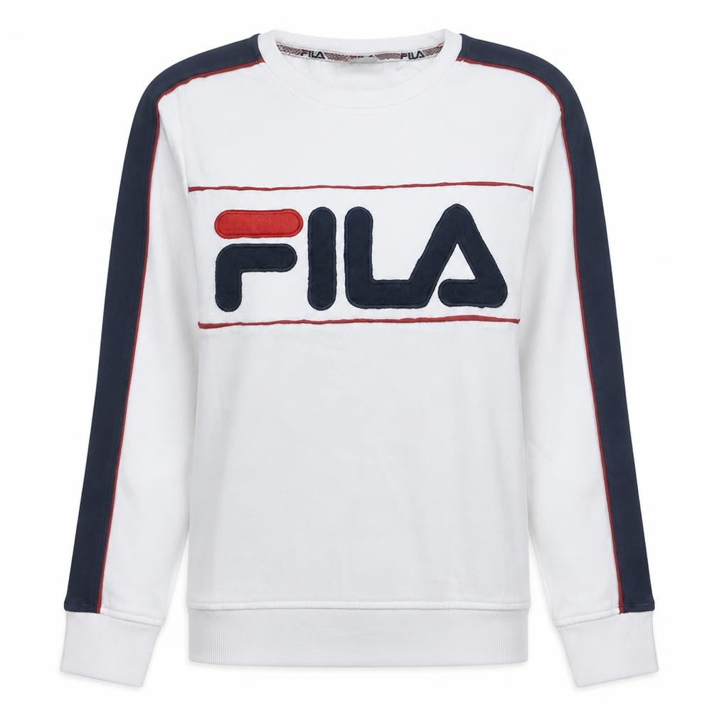 Front view of Fila Women White Sweatshirt UK 6 Crew Neck Cotton Blend Logo Sportswear
