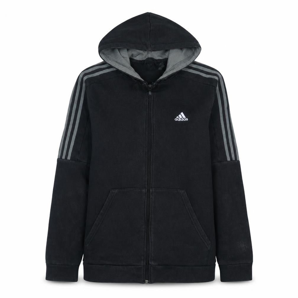 Front view of Adidas men’s black full zip hoodie, size L, sports fleece sweatshirt